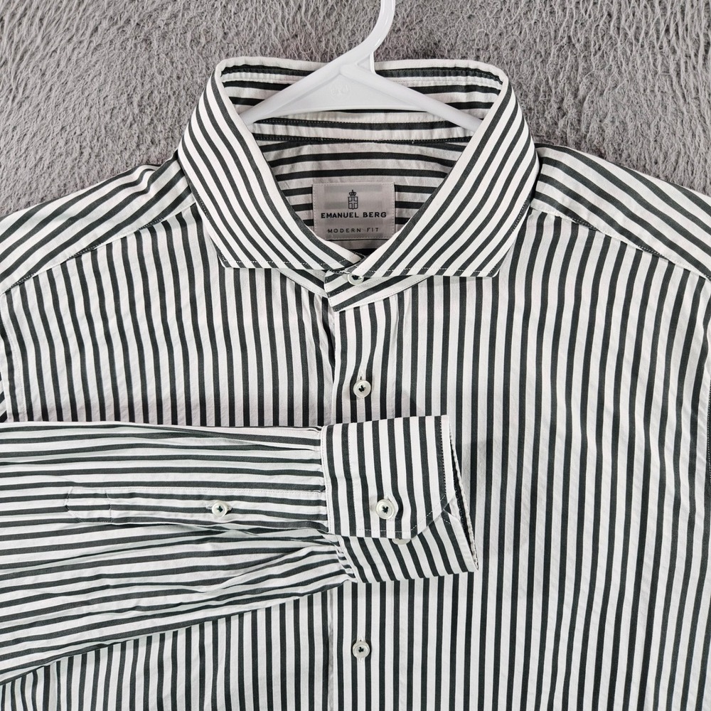 Emanuel Berg Mens Modern Fit Stripe Dress Shirt Green White 16.5 42 L Cotton